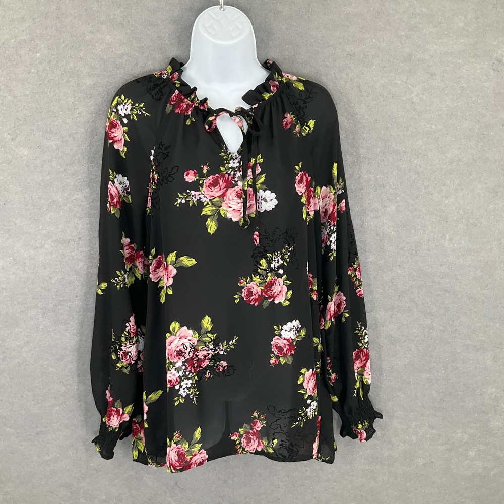 Time and Tru Top Dark Floral Feminine Ruffle Neck Sz M Romantic Date Night